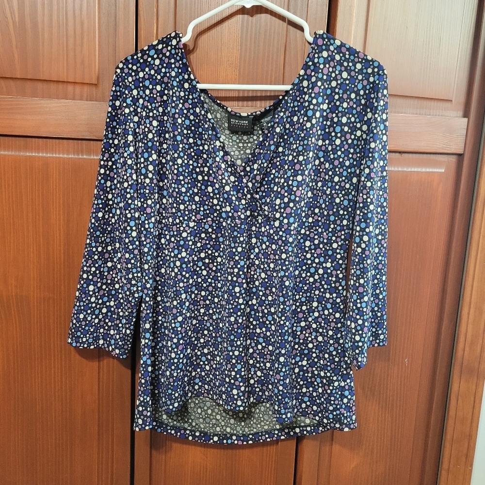 New York & Company Stretch Blue Multicolored Polkadot Long Sleeve | XL